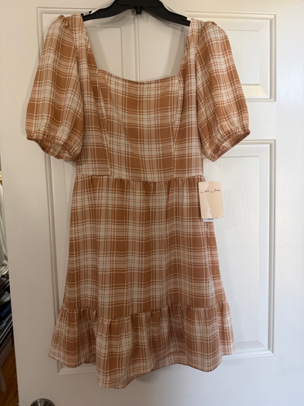BeBop Cream and Tan Plaid Puff-Sleeve Mini Dress